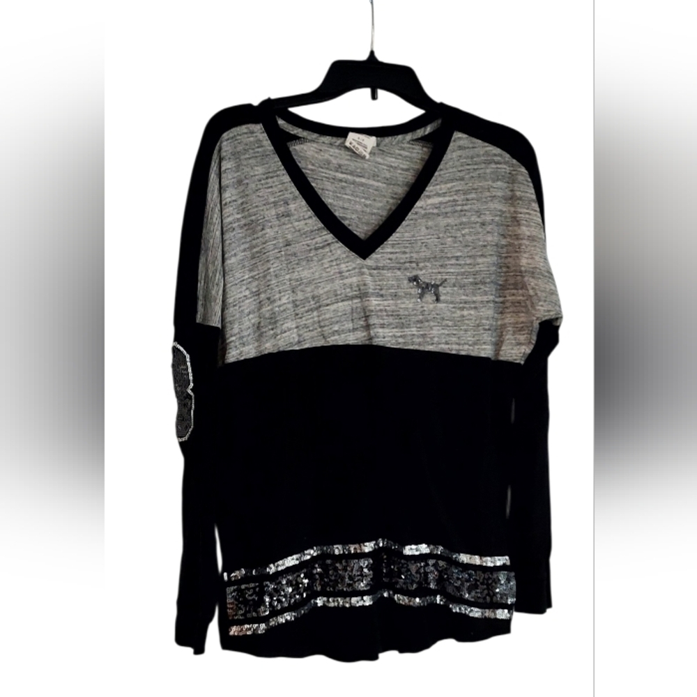 Victoria's Secret Black and Gray Sequin Logo Long Sleeve Top